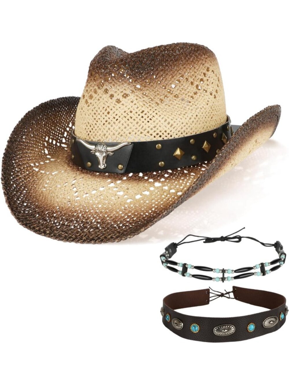 Men's Beige & Dark Brown Synthetic straw 3 Decorative Band Western Cowboy Hat
